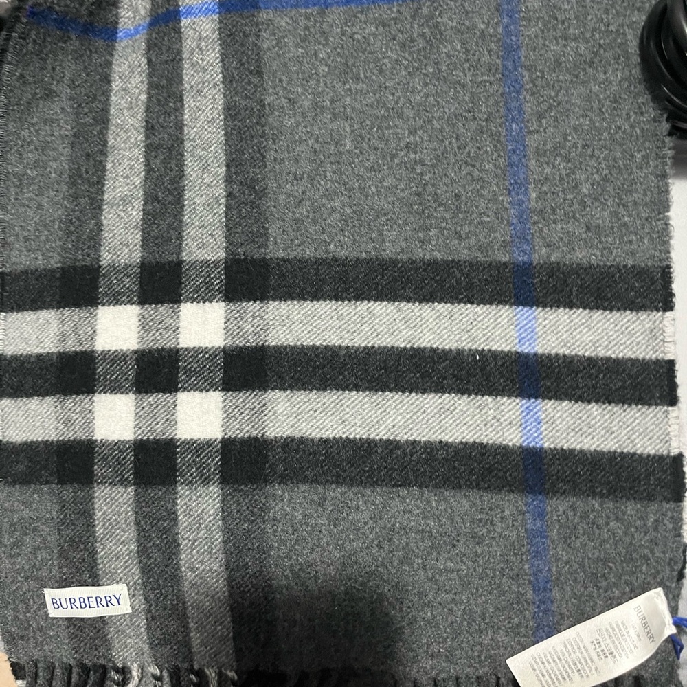 Burberry Charcoal and Blue Plaid Scarf